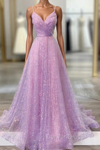 Unique Prom Dress, A Line V Neck Spaghetti Straps Sweep Train Sequined Prom Dresses With Pleated