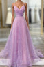 Unique Prom Dress, A Line V Neck Spaghetti Straps Sweep Train Sequined Prom Dresses With Pleated