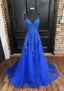 A Line V Neck Spaghetti Straps Sweep Train Tulle Prom Dresses With Appliqued