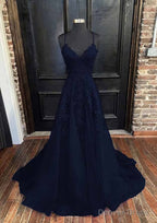 A Line V Neck Spaghetti Straps Sweep Train Tulle Prom Dresses With Appliqued