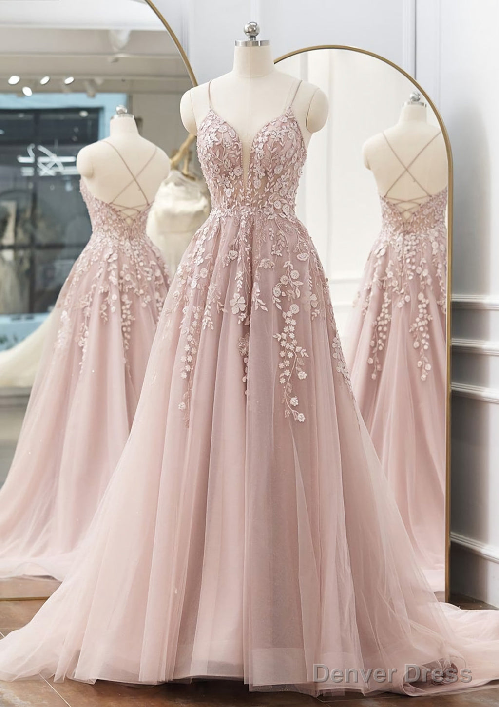 A Line V Neck Spaghetti Straps Sweep Train Tulle Prom Dresses With Appliqued Beading