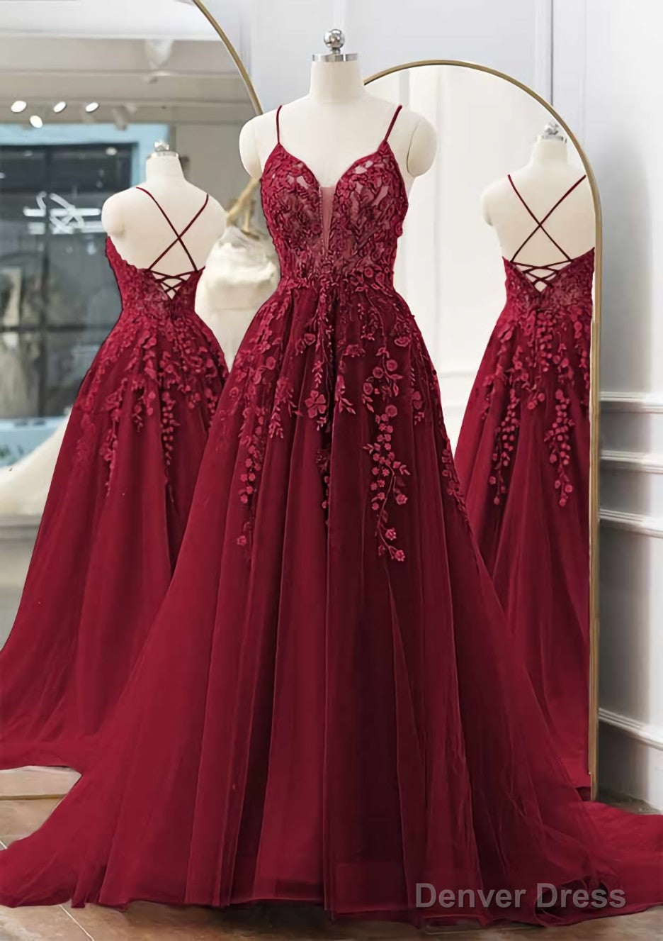 A-line V Neck Spaghetti Straps Sweep Train Tulle Prom Dresses With Appliqued Beading