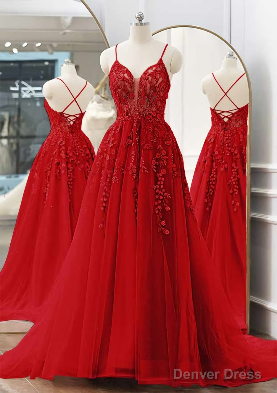 A Line V Neck Spaghetti Straps Sweep Train Tulle Prom Dresses With Appliqued Beading