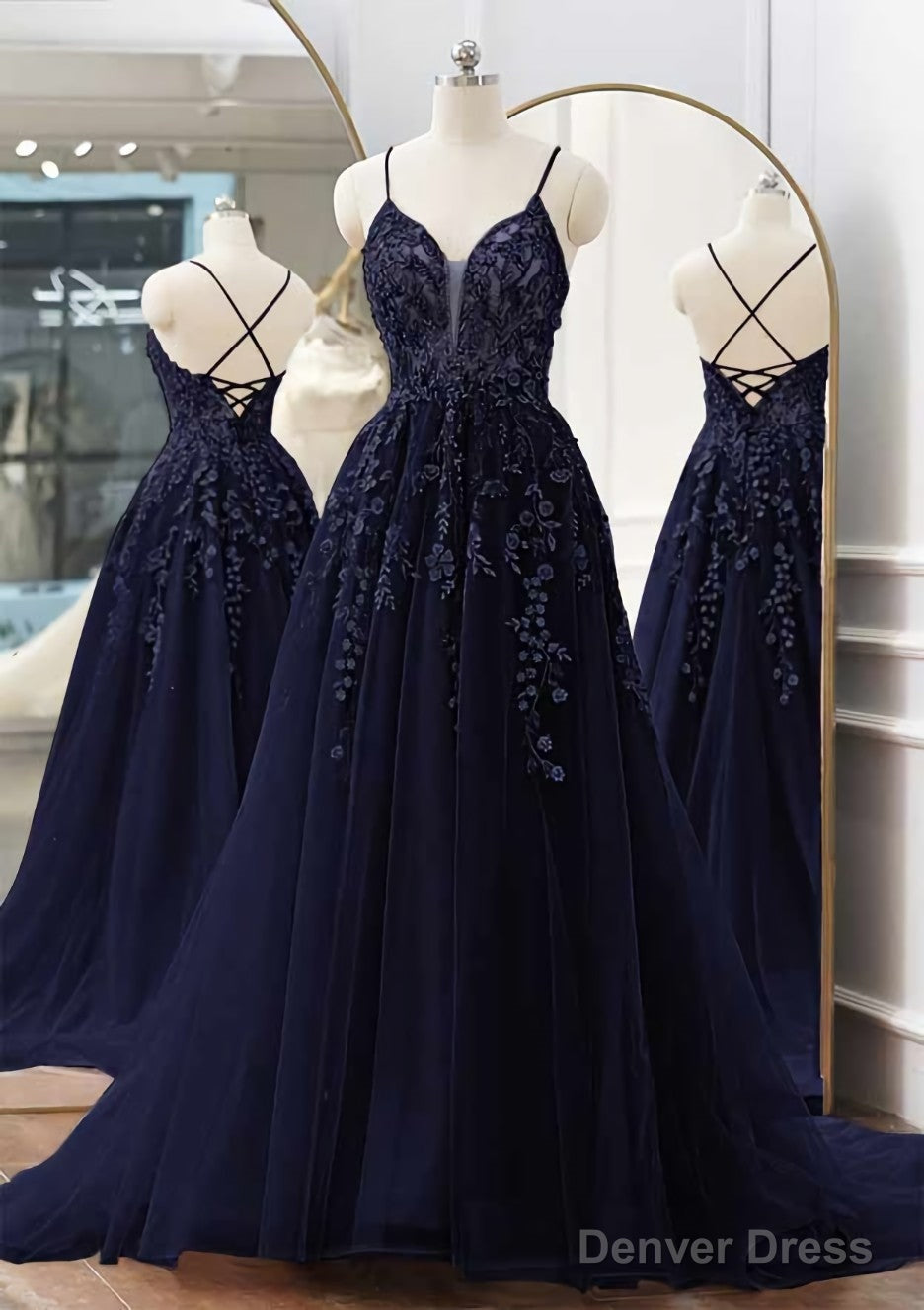 A Line V Neck Spaghetti Straps Sweep Train Tulle Prom Dresses With Appliqued Beading