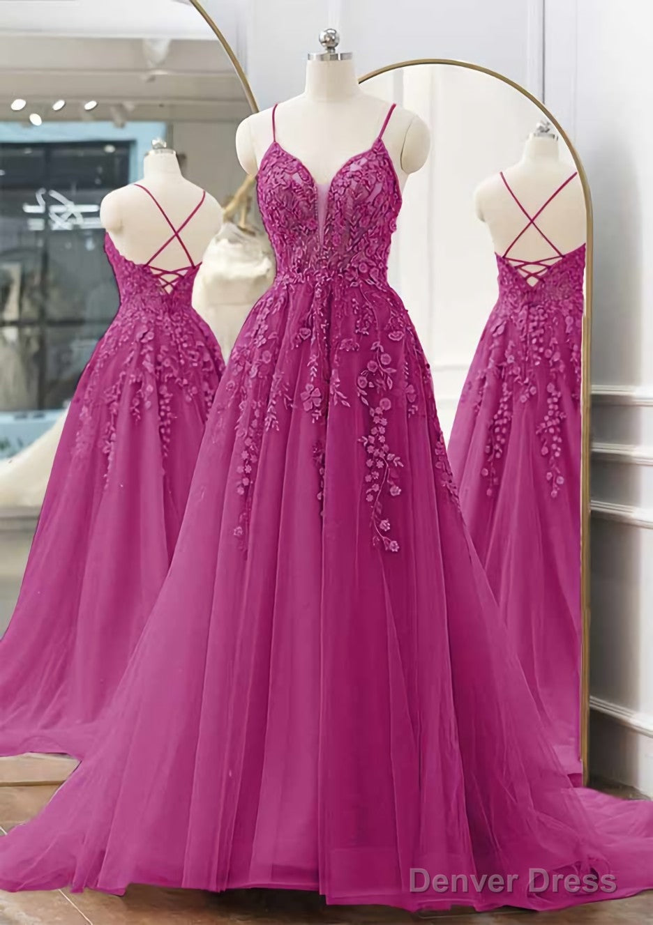 A Line V Neck Spaghetti Straps Sweep Train Tulle Prom Dresses With Appliqued Beading
