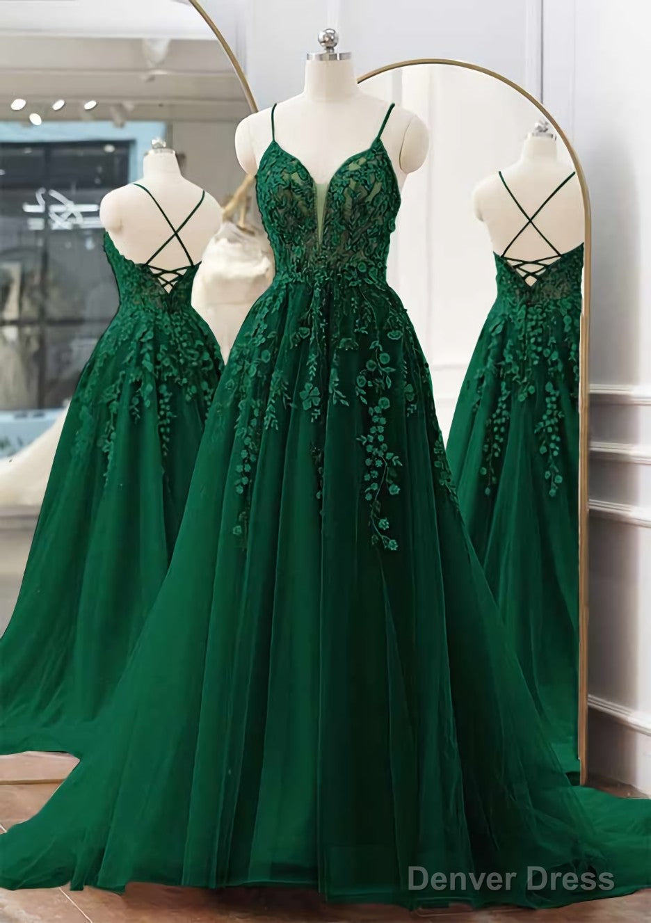 A Line V Neck Spaghetti Straps Sweep Train Tulle Prom Dresses With Appliqued Beading
