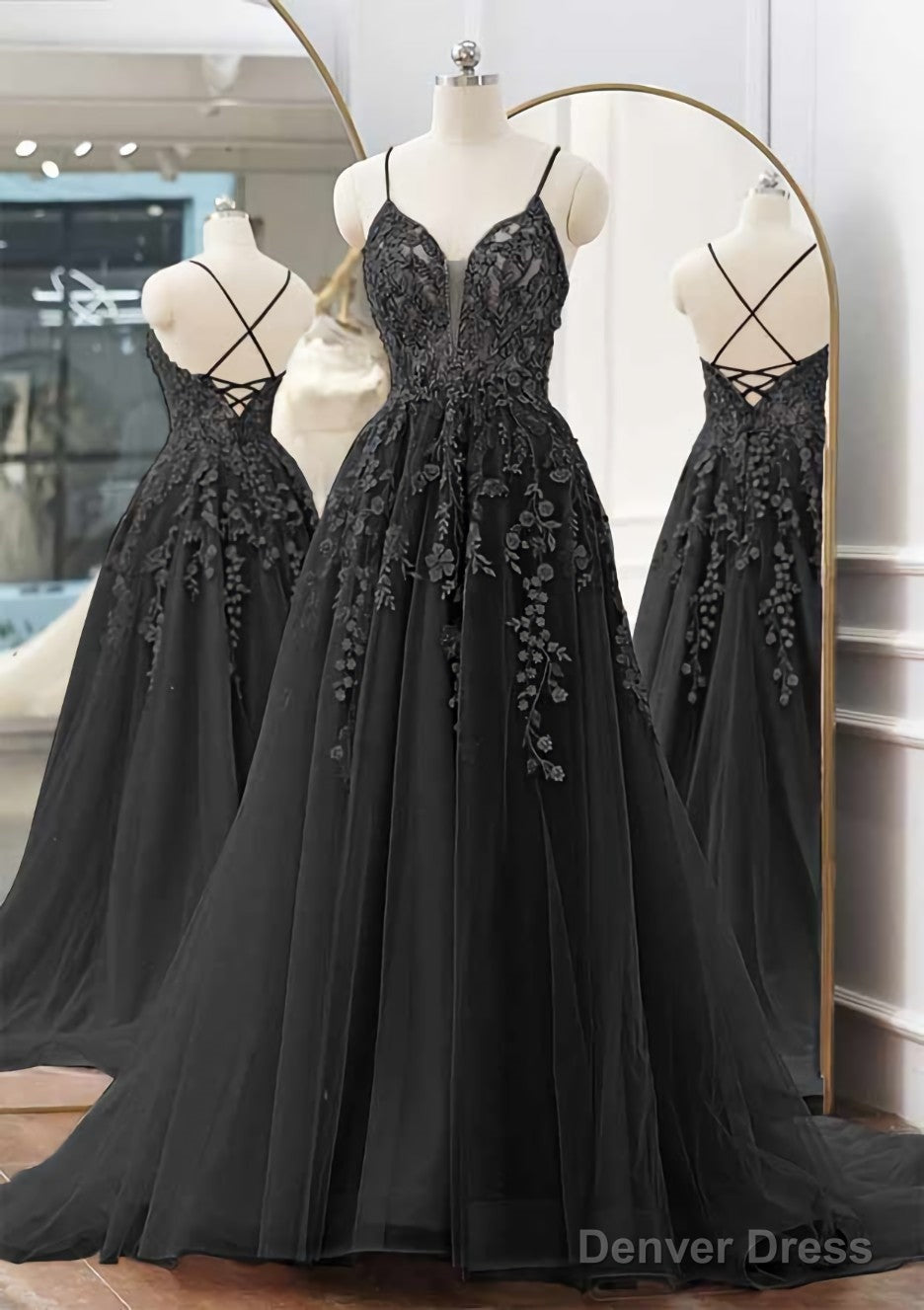 A Line V Neck Spaghetti Straps Sweep Train Tulle Prom Dresses With Appliqued Beading