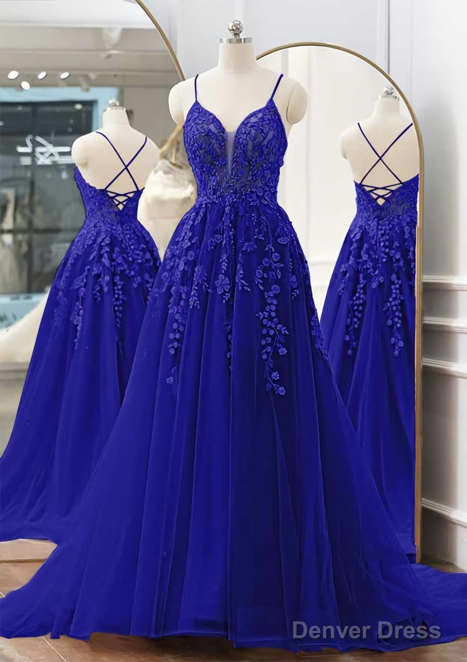 A Line V Neck Spaghetti Straps Sweep Train Tulle Prom Dresses With Appliqued Beading