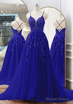 A Line V Neck Spaghetti Straps Sweep Train Tulle Prom Dresses With Appliqued Beading