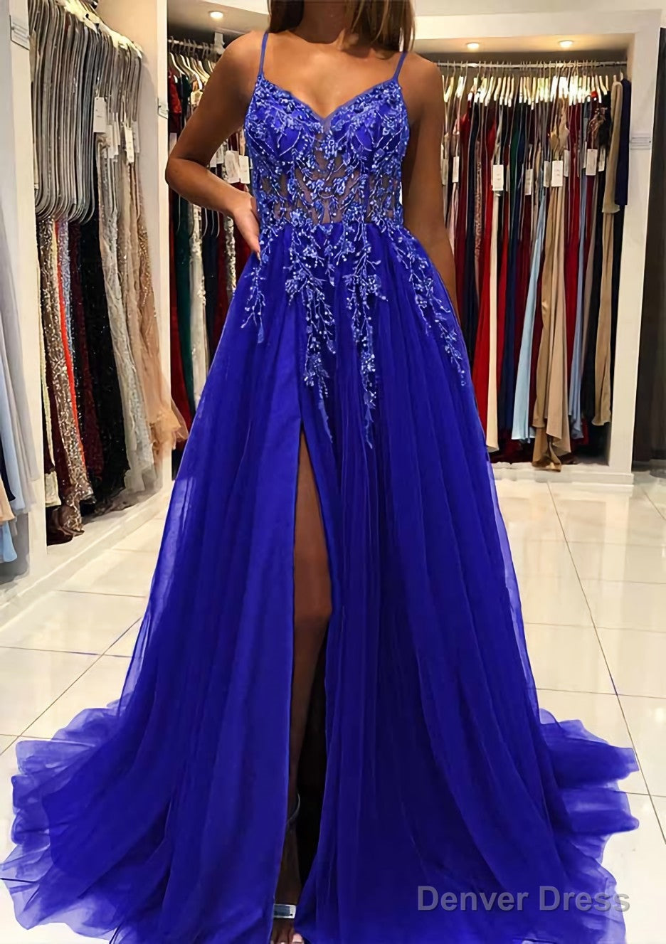 A-line V Neck Spaghetti Straps Sweep Train Tulle Prom Dresses With Beading Sequins Split