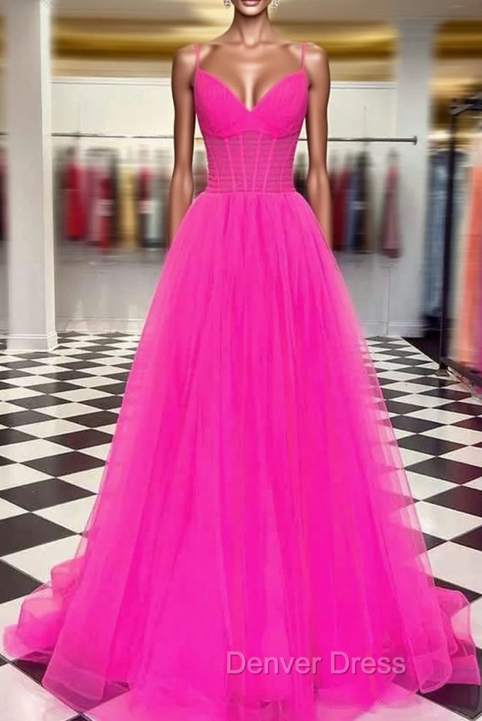 A-line V Neck Spaghetti Straps Sweep Train Tulle Prom Dresses With Pleated Main image
