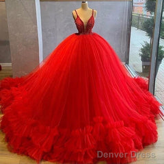 A-Line V-Neck Spaghetti Straps Tulle Gorgeous Ball Prom Dresses With Beading