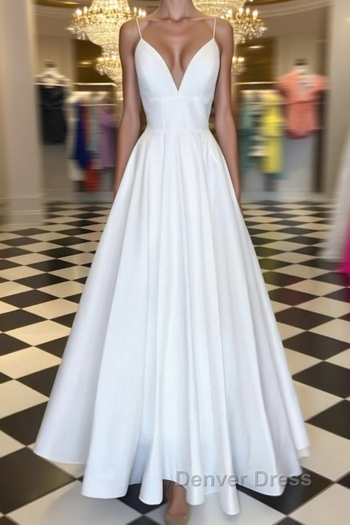 A Line V Neck Spaghetti Straps White Prom Dress, V Neck White Prom Graduation Prom Dresses Main image
