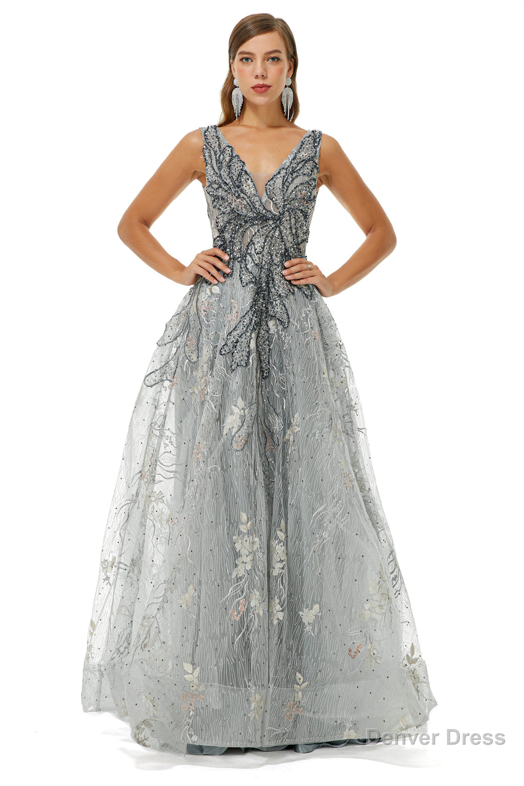 A Line V Neck Strap Lace Sequined Beaded Open Back Floor Length Prom Dresses