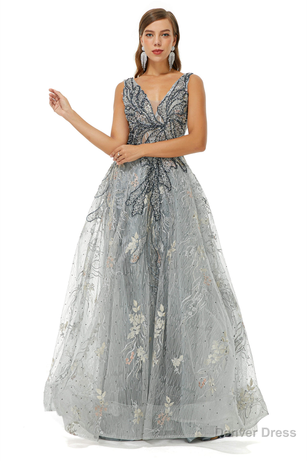 A Line V Neck Strap Lace Sequined Beaded Open Back Floor Length Prom Dresses