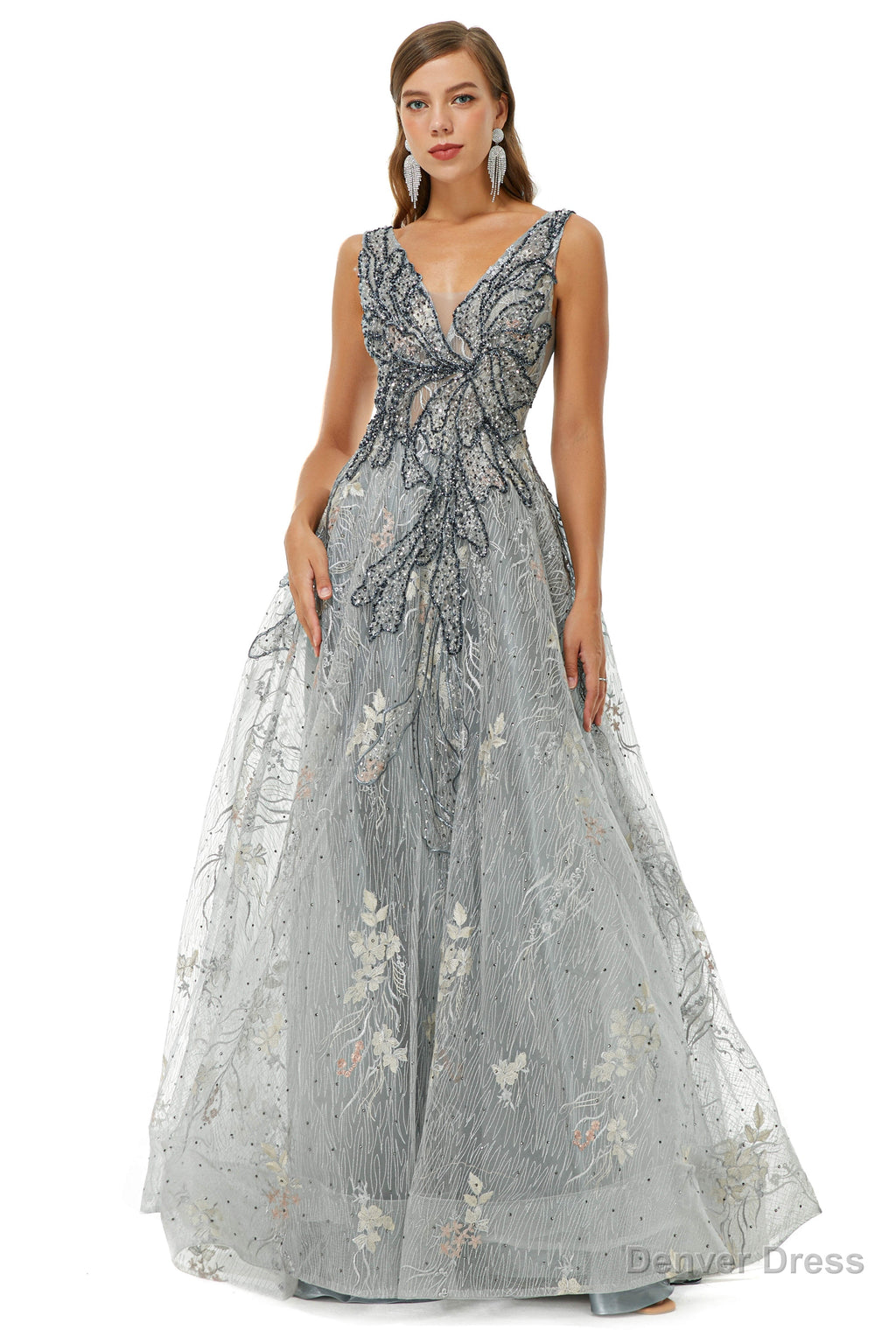 A Line V Neck Strap Lace Sequined Beaded Open Back Floor Length Prom Dresses