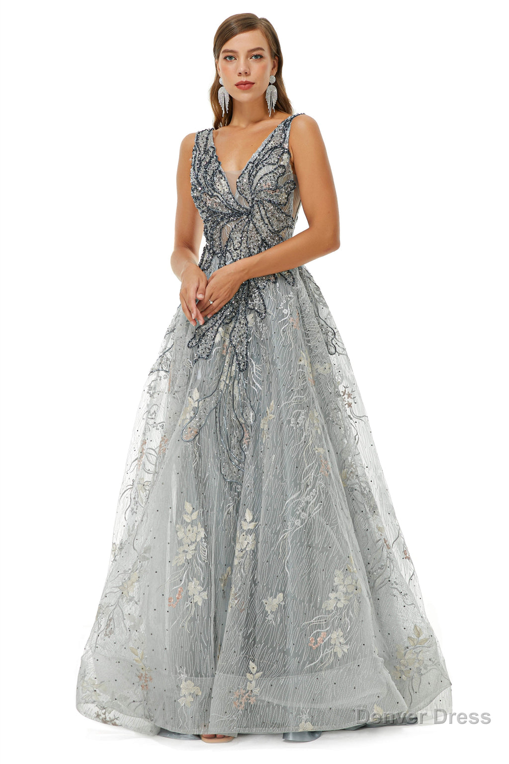 A Line V Neck Strap Lace Sequined Beaded Open Back Floor Length Prom Dresses