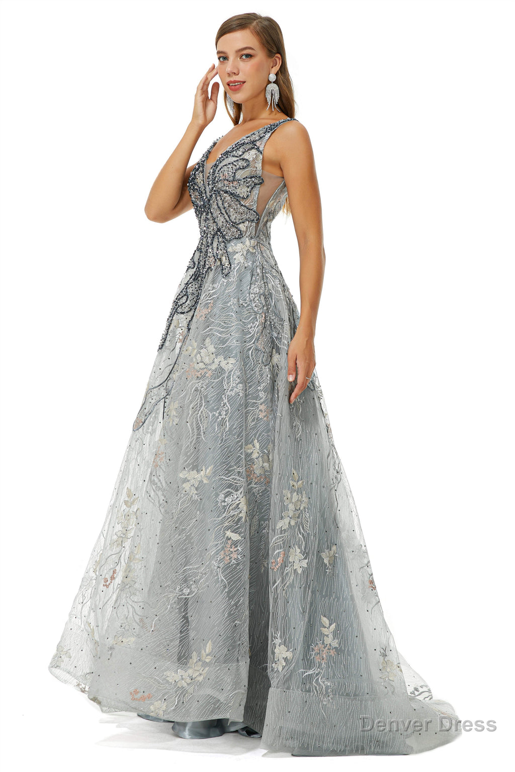 A Line V Neck Strap Lace Sequined Beaded Open Back Floor Length Prom Dresses