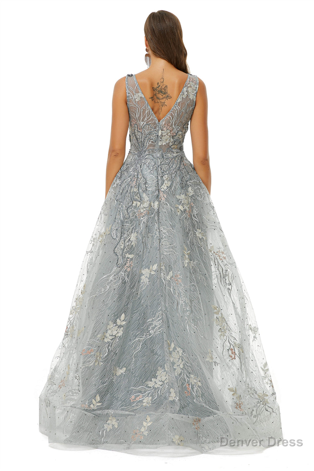 A Line V Neck Strap Lace Sequined Beaded Open Back Floor Length Prom Dresses