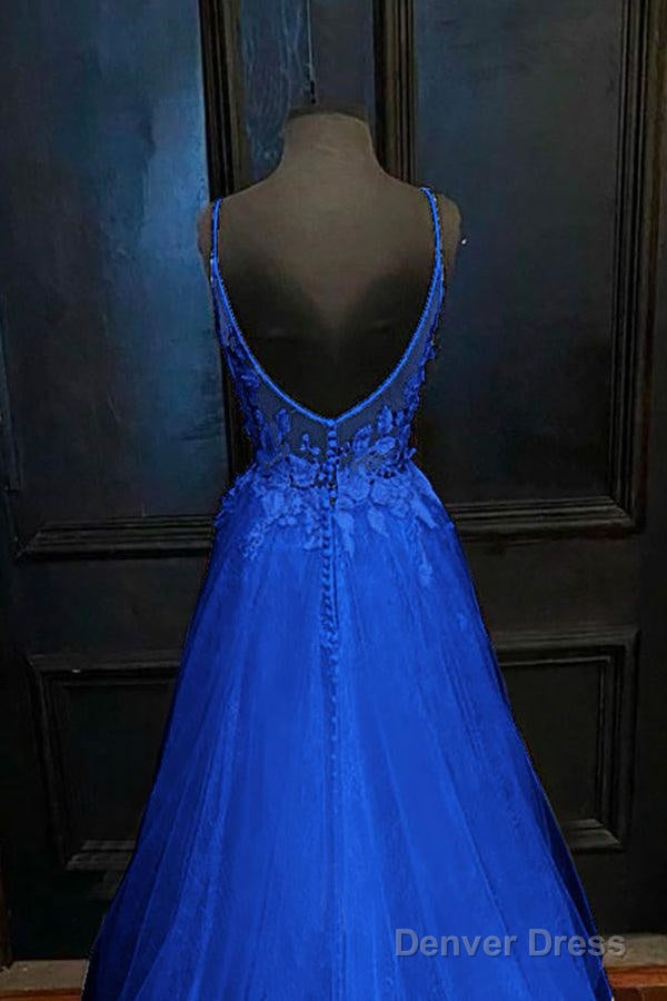 A-Line V Neck Straps Tulle Royal Blue Prom Dress With Appliques Secondary image