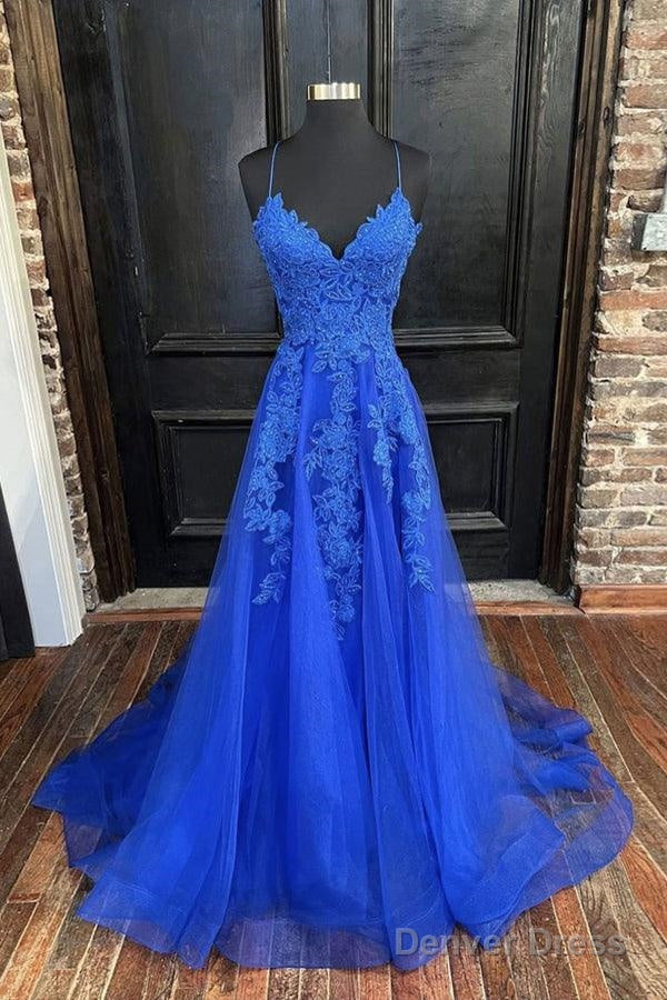 A-Line V Neck Straps Tulle Royal Blue Prom Dress With Appliques Main image