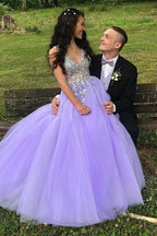 A-Line V-Neck Sweep Train Beaded Prom Dresses