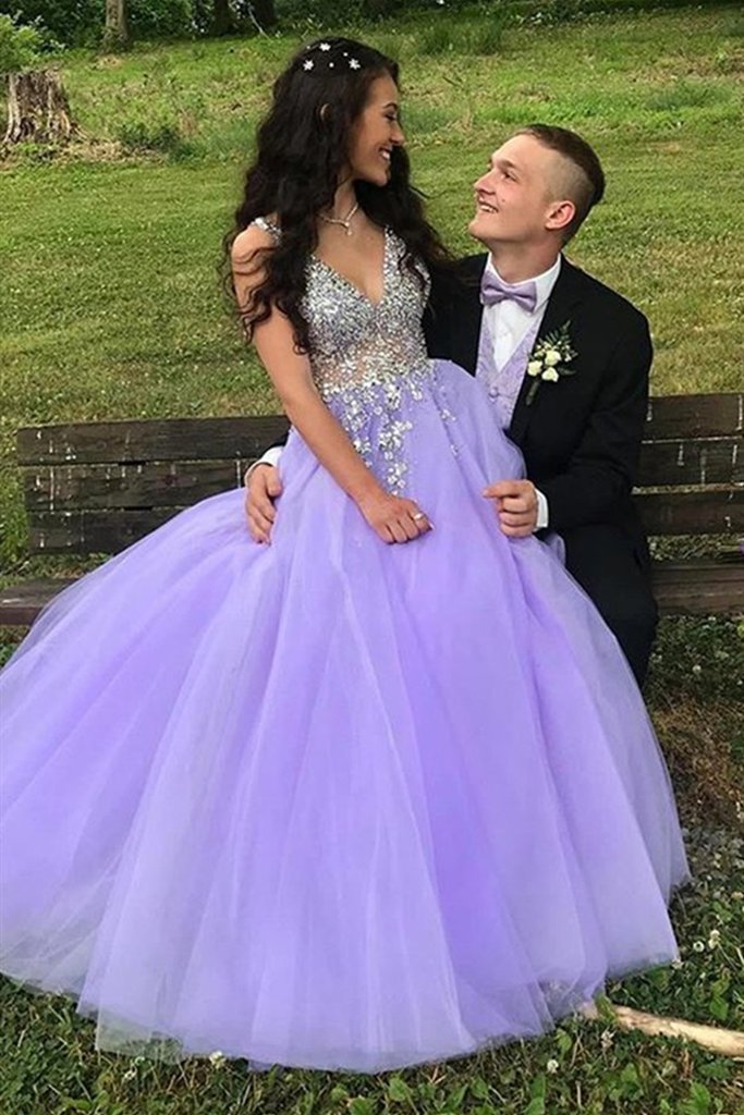 A-Line V-Neck Sweep Train Beaded Prom Dresses