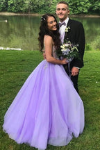 A-Line V-Neck Sweep Train Beaded Prom Dresses