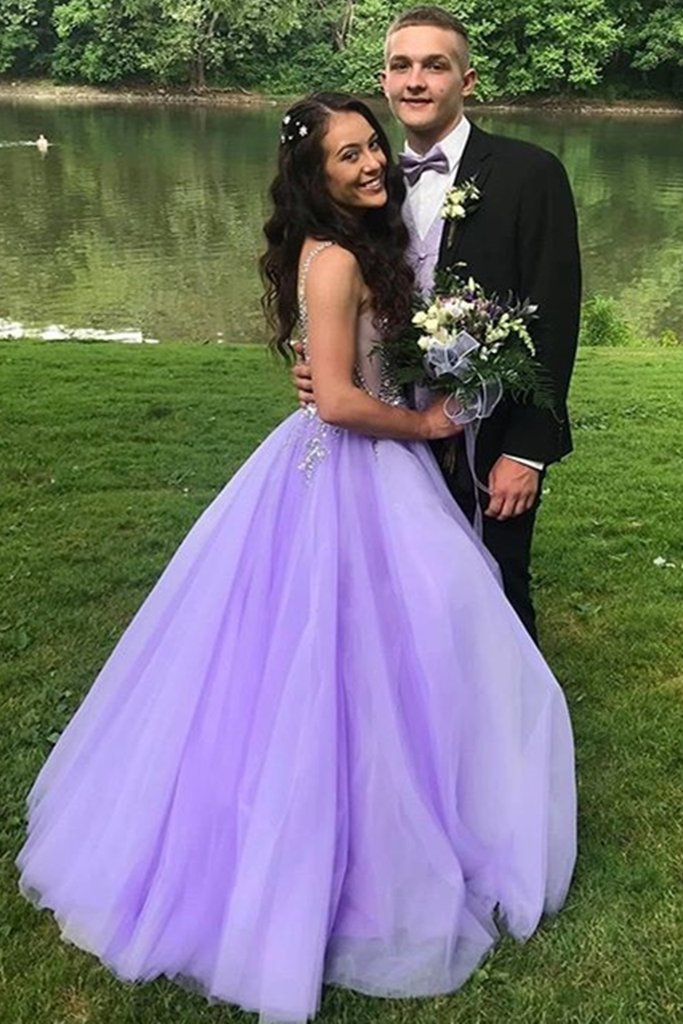 A-Line V-Neck Sweep Train Beaded Prom Dresses