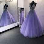 A-Line V-Neck Sweep Train Beaded Prom Dresses