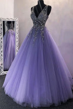 A-Line V-Neck Sweep Train Beaded Prom Dresses