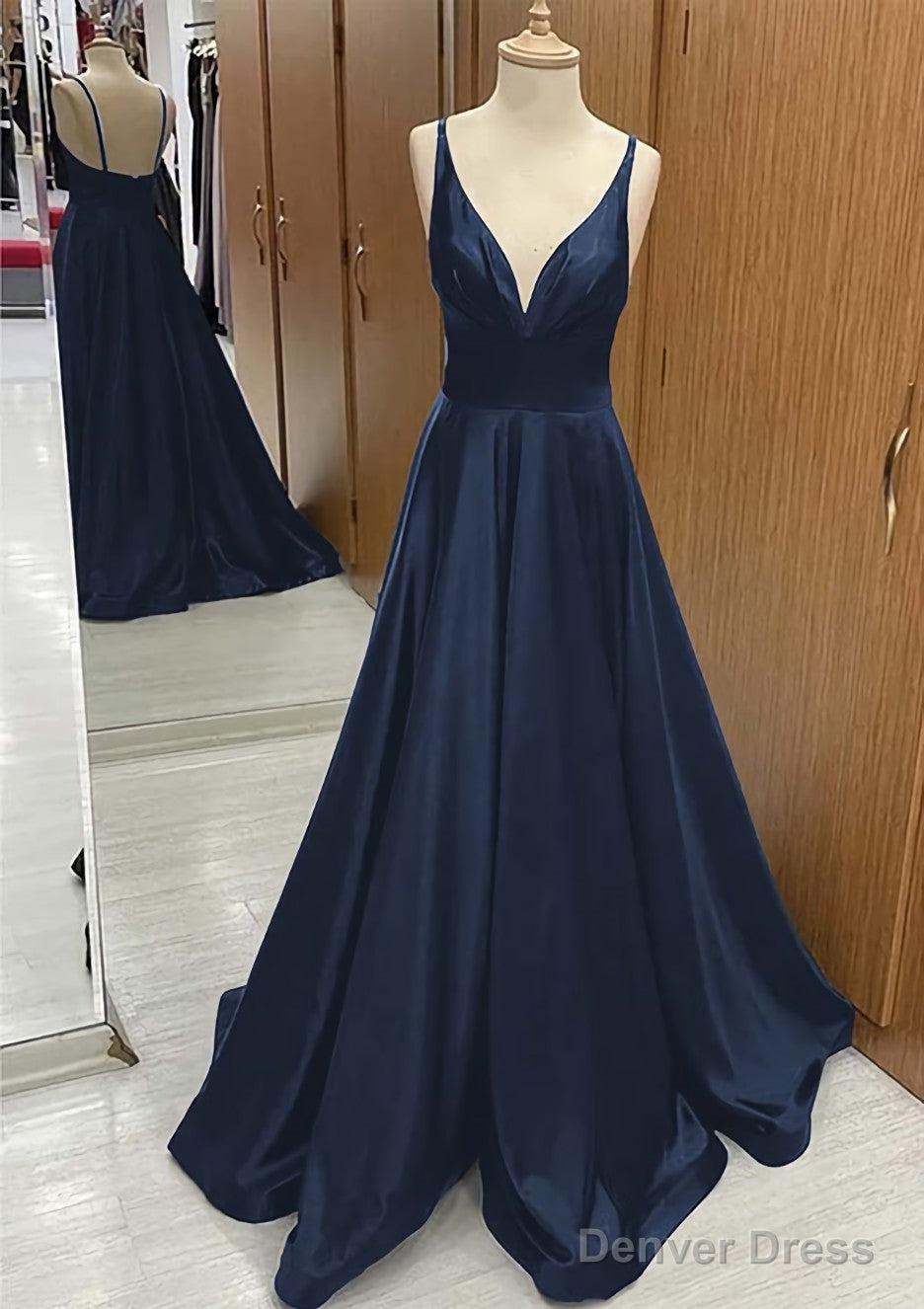 A-line V Neck Sweep Train Satin Prom Dresses With Pleated Secondary image