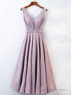 A Line V Neck Tea Length Gray Pink Prom Dress, Shiny Tea Length Prom Dresses