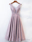 A Line V Neck Tea Length Gray Pink Prom Dress, Shiny Tea Length Prom Dresses
