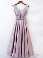 A Line V Neck Tea Length Gray/Pink Prom Dresses, Shiny Tea Length Formal Dresses