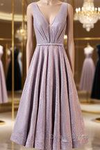 A Line V Neck Tea Length Prom Dress, Shiny Tea Length Prom Dresses