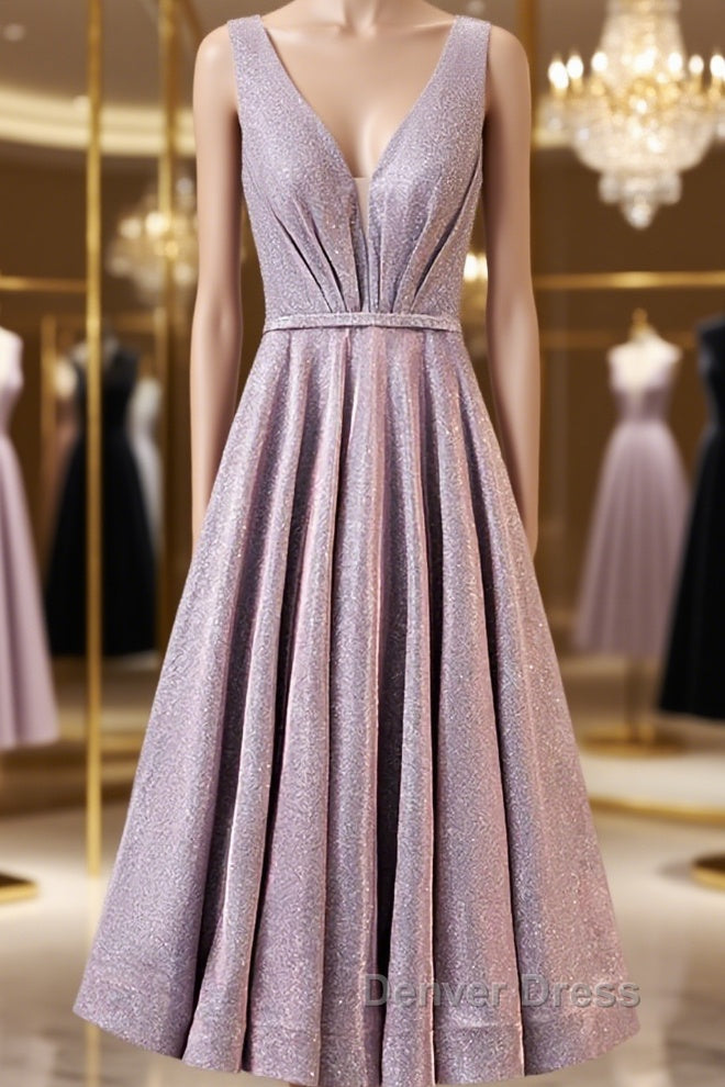 A Line V Neck Tea Length Prom Dress, Shiny Tea Length Prom Dresses