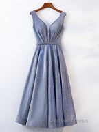 A Line V Neck Tea Length Prom Dress, Shiny Tea Length Prom Dresses