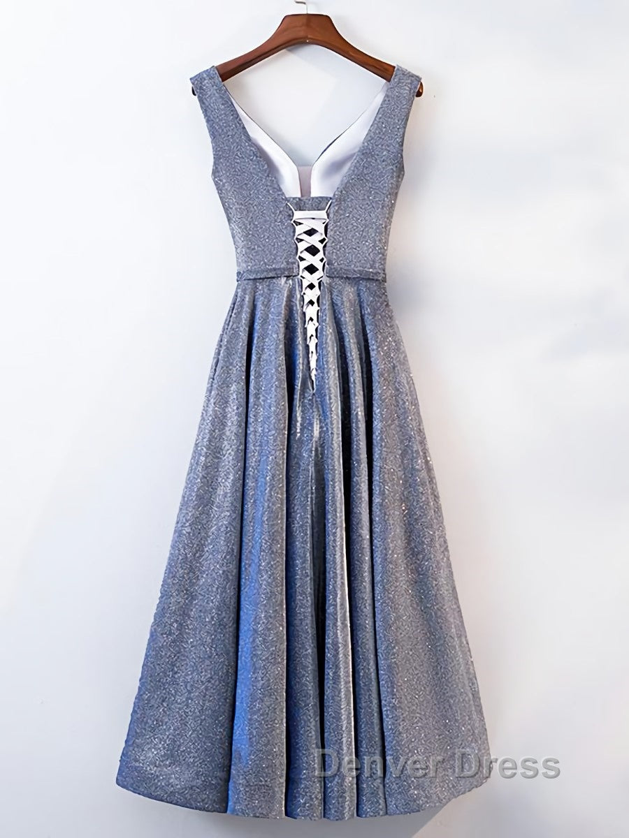 A Line V Neck Tea Length Prom Dress, Shiny Tea Length Prom Dresses