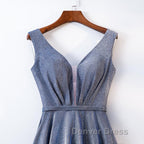A Line V Neck Tea Length Prom Dress, Shiny Tea Length Prom Dresses