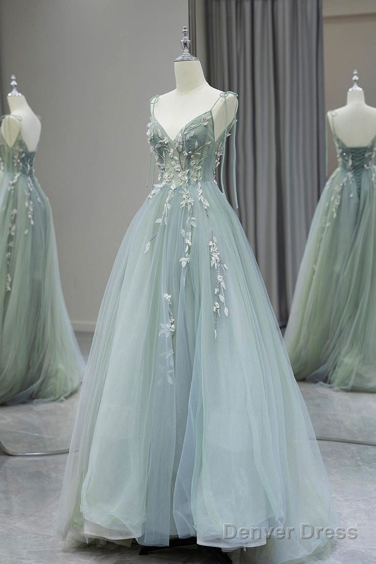 A-Line V Neck Tulle Beaded Applique Long Prom Dress, Spaghetti Strap Formal Evening Dress Secondary image
