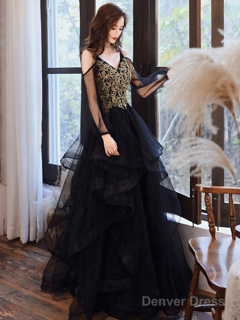 A-Line V Neck Tulle Beads Black Long Prom Dress, Black Long Formal Dress Secondary image
