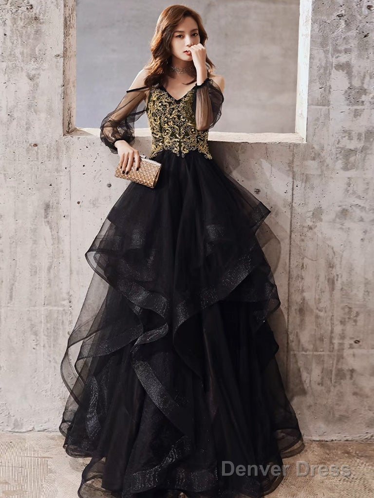 A-Line V Neck Tulle Beads Black Long Prom Dress, Black Long Formal Dress Main image
