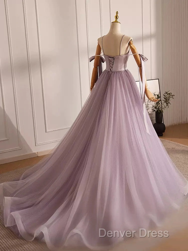 A-Line V Neck Tulle Beads Purple Long Prom Dresses, Purple Long Formal Dresses Secondary image