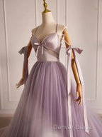 A-Line V Neck Tulle Beads Purple Long Prom Dresses, Purple Long Formal Dresses