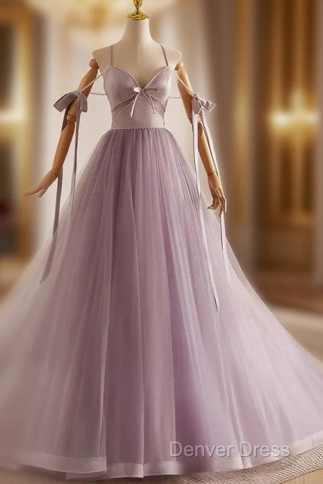 A-Line V Neck Tulle Beads Purple Long Prom Dresses, Purple Long Formal Dresses Main image