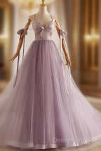 A-Line V Neck Tulle Beads Purple Long Prom Dresses, Purple Long Formal Dresses
