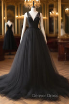 A-Line V Neck Tulle Black Long Prom Dresses, Black Long Formal Dresses