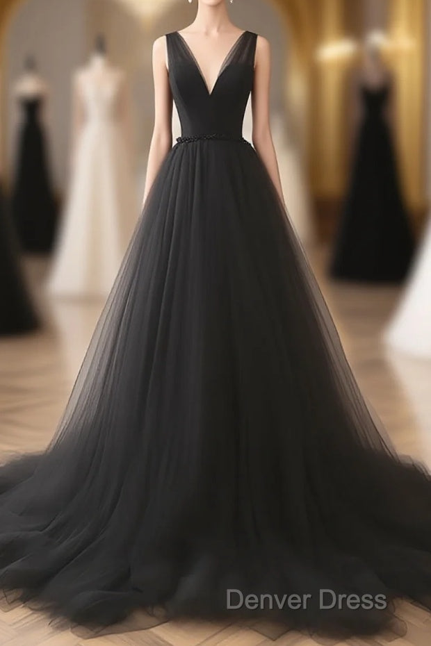 A-Line V Neck Tulle Black Long Prom Dresses Main image