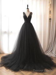 A-Line V Neck Tulle Black Long Prom Dress